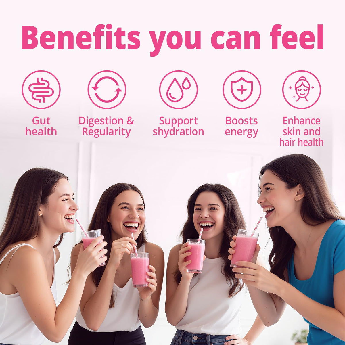 Daily Fiber Supplement for Women & Men, Fiber Powder with Probiotics, Collagen & Electrolytes- Supports Digestive & Gut Health, Bloating Relief | Sugar Free, Strawberry Lemon Flavor, 15 Servings