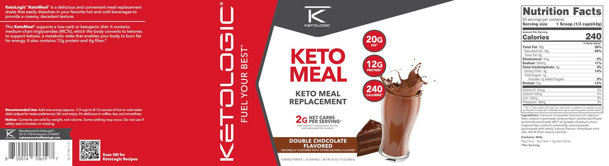KetoLogic Keto Meal Replacement Shake Powder (Chocolate) 20 Servings