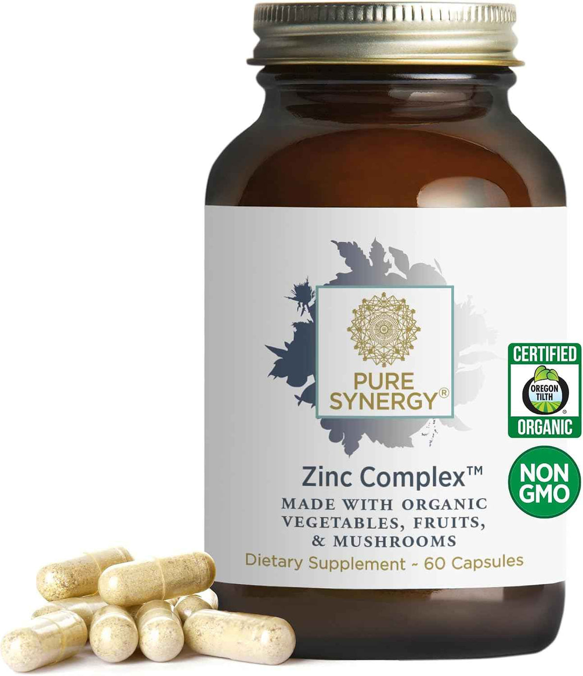 PURE SYNERGY Zinc Complex - Immune Support Supplement - Natural, Vegan Zinc Complex with Vitamin C and Organic Whole Foods - for Immune, Brain, and Skin Health (60 Capsules)