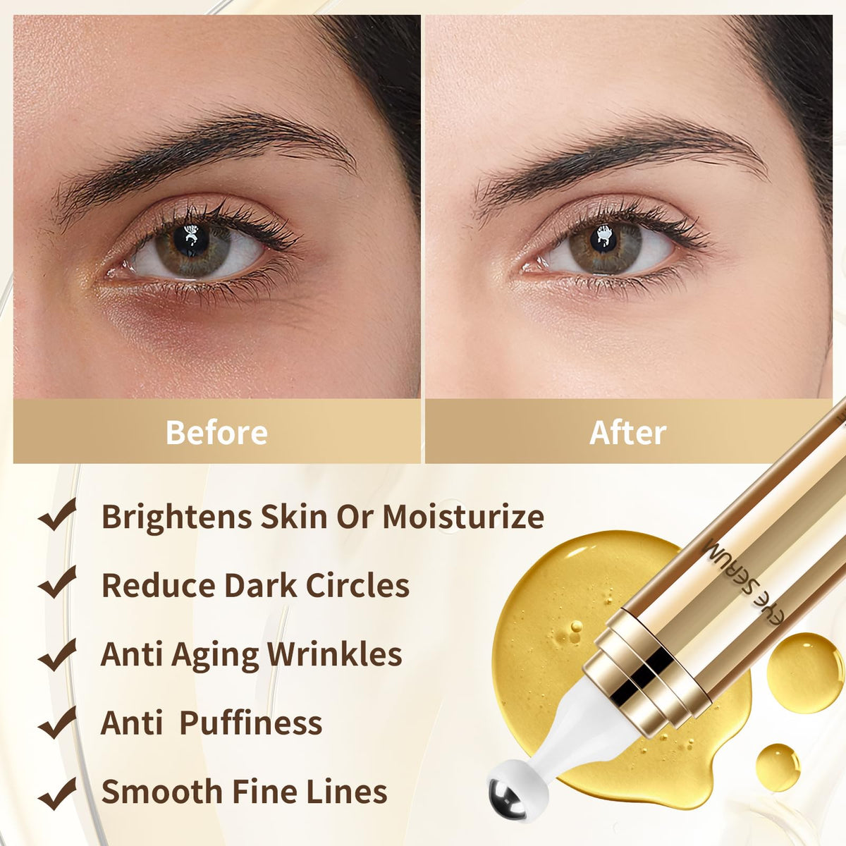 5% Caffeine Eye Serum with 360° Cooling Massage Ball (0.67 fl oz) - Rapid Treatment for Dark Circles, Puffiness & Eye Bags | Hyaluronic Acid Anti-Aging Serum for Men & Women
