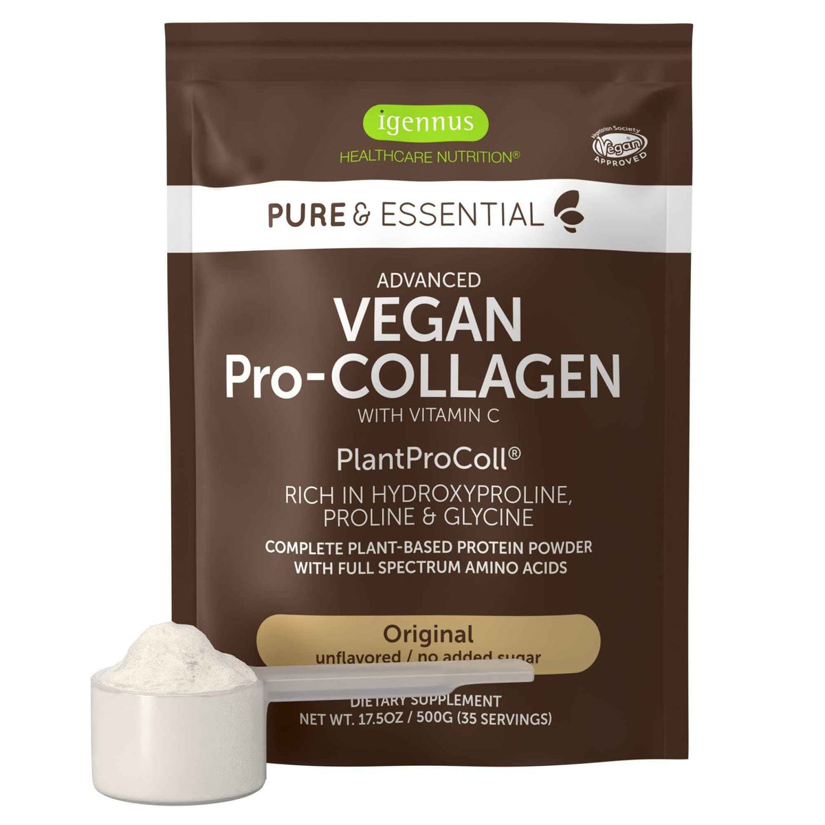 Igennus Vegan Collagen Peptide Powder, Enhanced with Glycine, Proline & Hydroxyproline & Cofactor Vitamin C, Non GMO, Complete Vegetarian Plant Based Collagen Powder Booster, 35 Servings