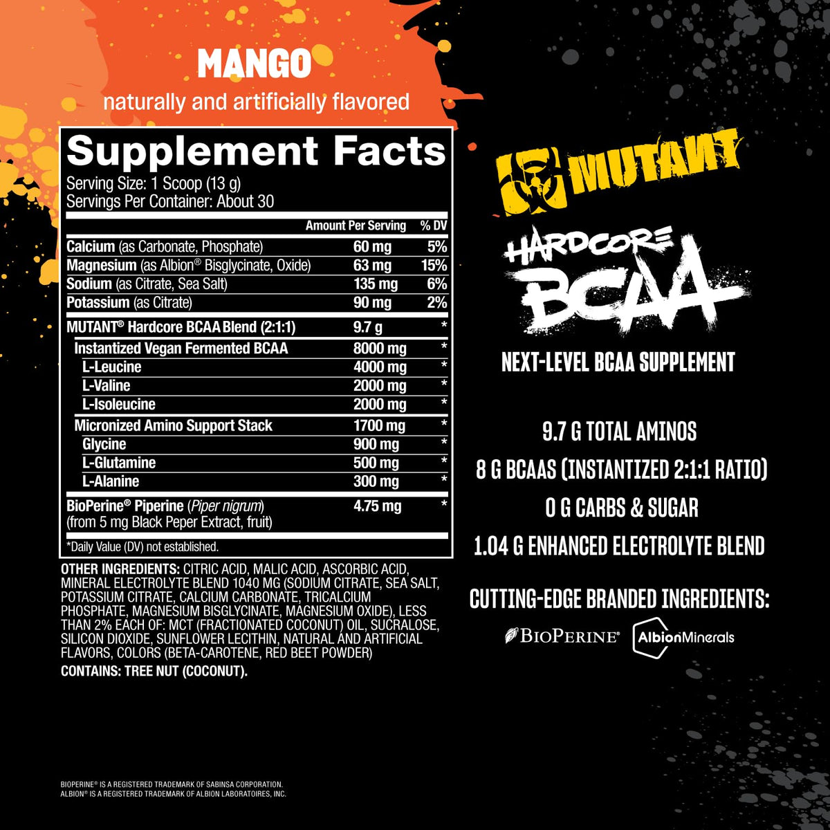 Mutant Hardcore BCAA - Pre, Intra or Post Workout - BCAA Next Level branched-Chain Amino Acids Supplement - Hydration + Recovery - 30 Serving - Blue Raspberry