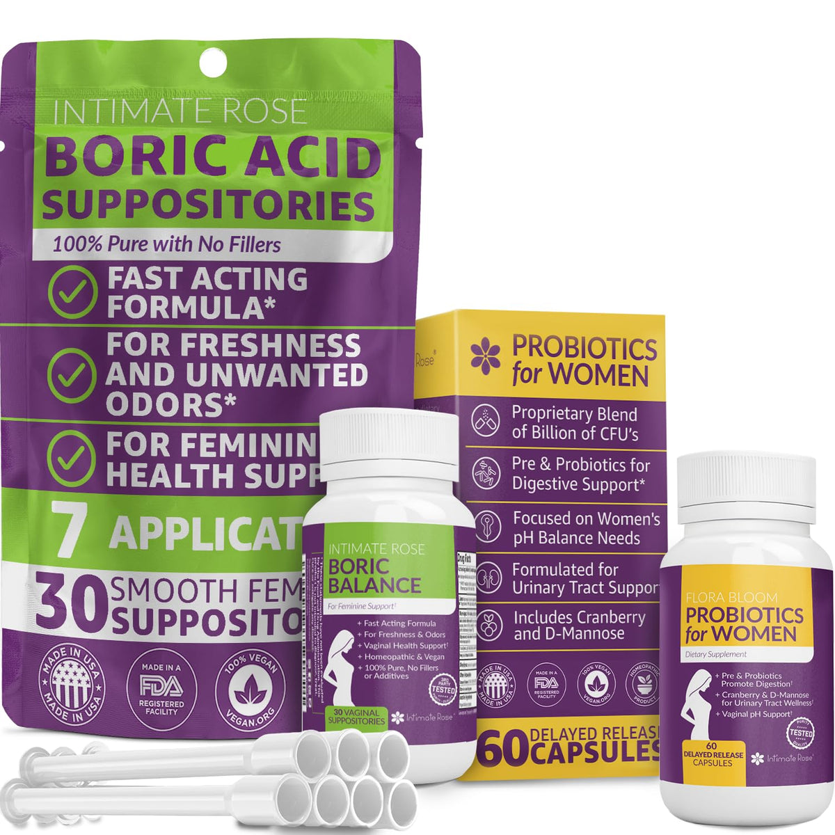 Intimate Rose Combo Pack! Flora Bloom Probiotics for Women (One Bottle) and Boric Balance Boric Acid 