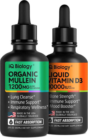 IQ BIOLOGY Organic Mullein + Liquid Vitamin D3 - Dual-Benefit Fast-Absorbing Drops - Clear Lungs, Strong Bones, Year-Round Immune & Mood Support - 2 × 2 fl oz