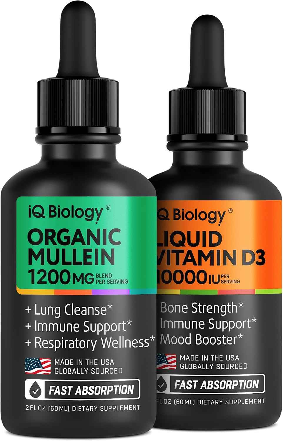 IQ BIOLOGY Organic Mullein + Liquid Vitamin D3 - Dual-Benefit Fast-Absorbing Drops - Clear Lungs, Strong Bones, Year-Round Immune & Mood Support - 2 × 2 fl oz