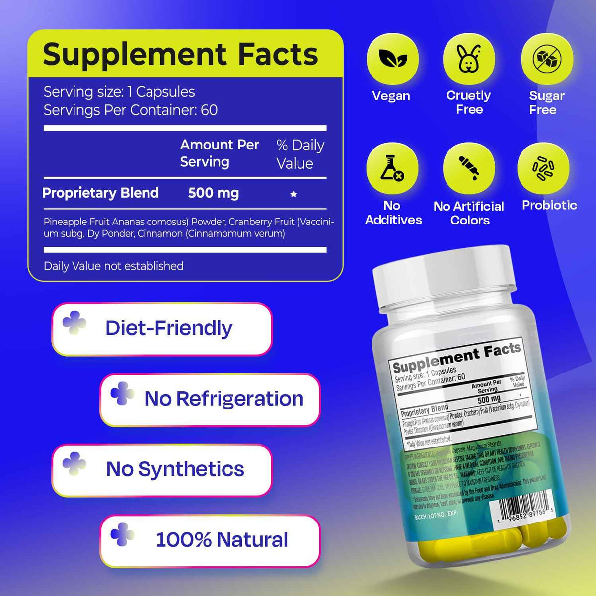 Pineapple Probiotics for Men - 625mg Sweet Spot Formula with Pineapple Extract, Cranberry & Cinnamon, Supports pH Balance & Freshens Taste, 60 Capsules, Made in the USA