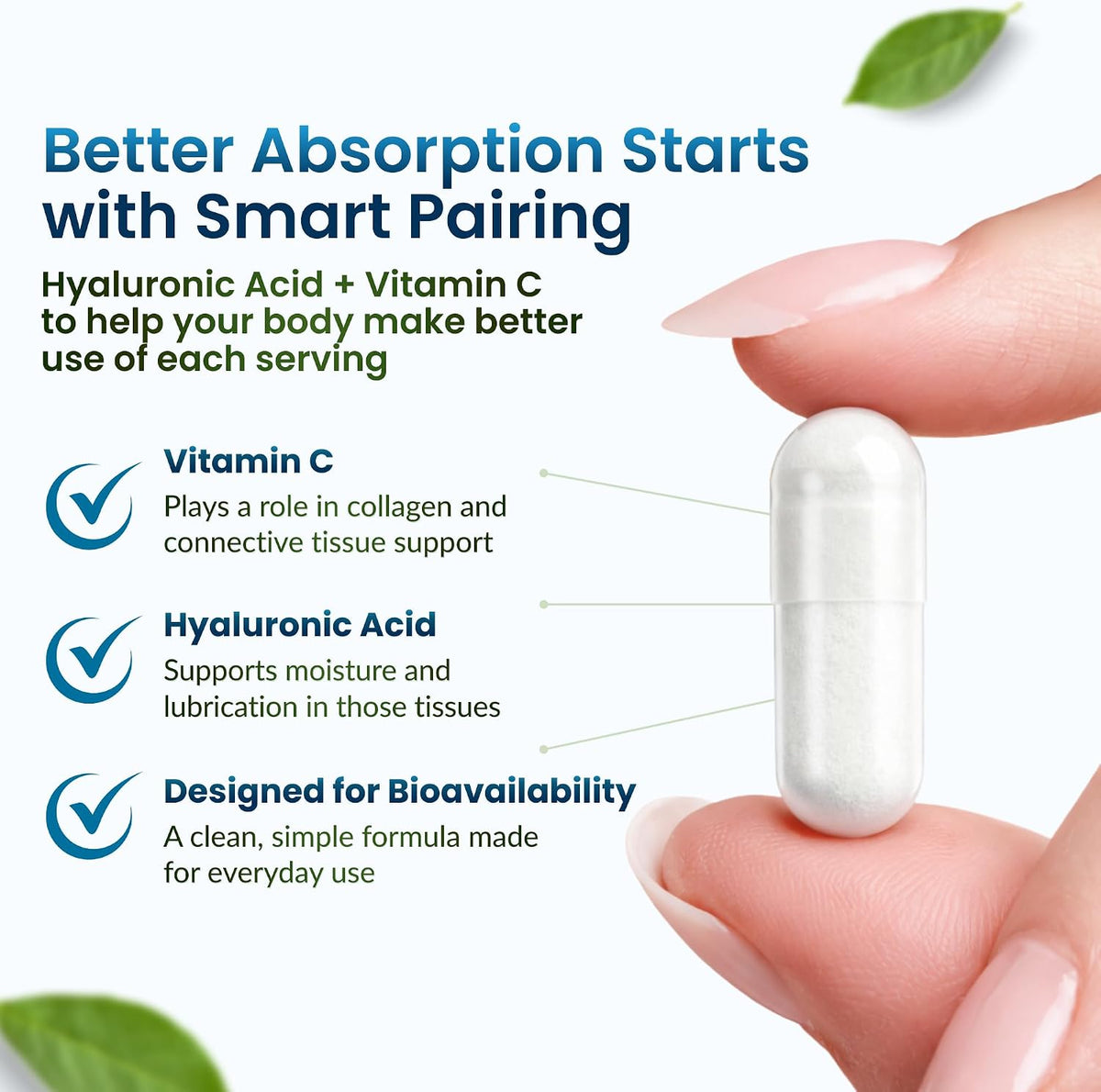 ForestLeaf Hyaluronic Acid Supplements - 100mg High Bioavailable Dietary Hyaluronic Acid Powder Capsules + 50mg VIT C - Supports Skin Hydration, Joint Lubrication, Anti-Aging, Hair & Nails - 120 Caps