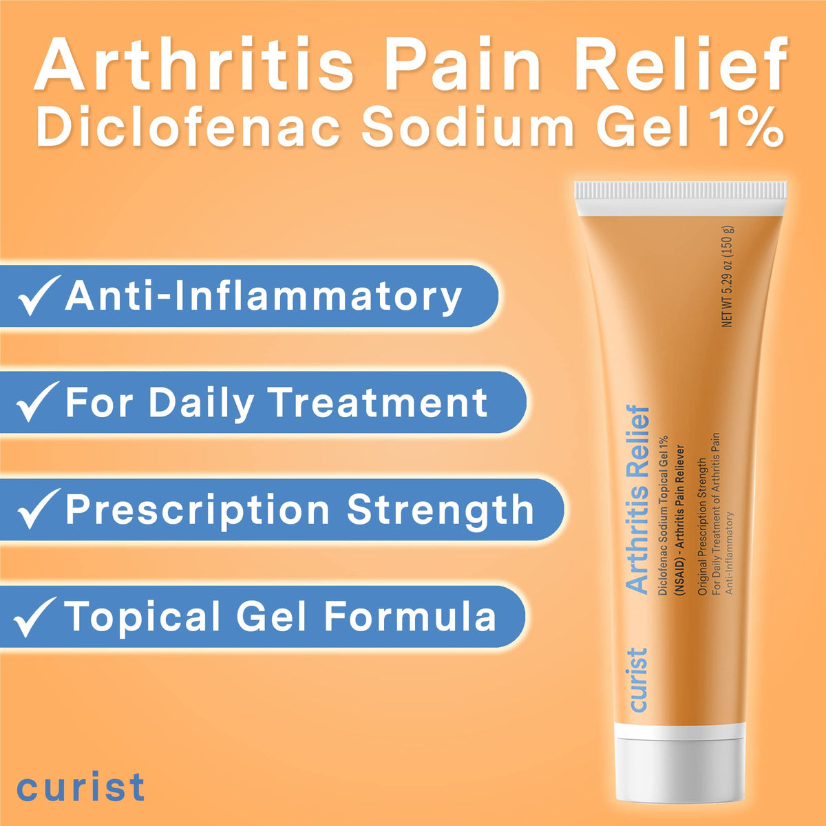 Curist Diclofenac Arthritis Cream Gel 1% (3 Tubes of 150g) - for Wrists, Feet, Elbows, & Ankles. Hand Arthritis Pain Relief & Knee Arthritis Pain Relief (3 Pack, 5.29 oz ea.)