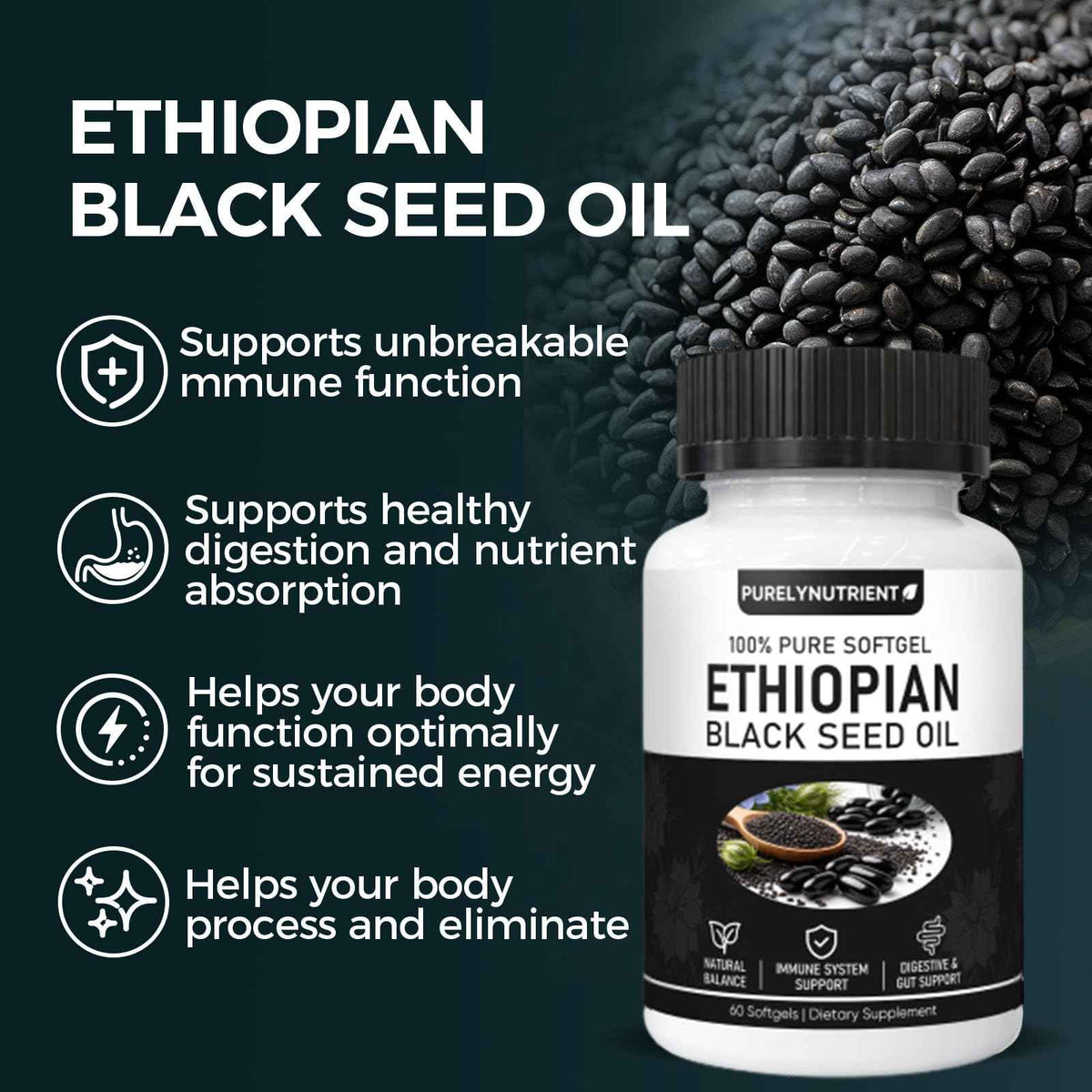 TUVAAZ PURELYNUTRIENT Ethiopian Black Seed Oil Capsules with 4.64% Thymoquinone, Immune Support & Digestion & Energy Booster