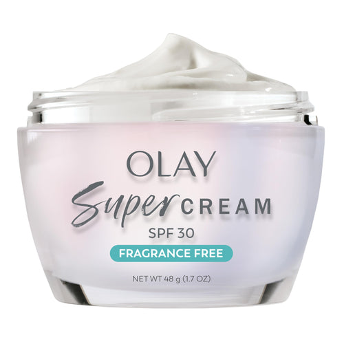 Olay Super Cream with Sunscreen SPF 30, Fragrance Free Lightweight Face Moisturizer with Sun Protection, 5-in-1 Skin Care - Hydrating, Brightening - Niacinamide, Vitamin C, Collagen, 1.7 oz