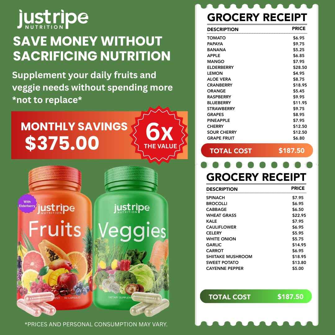 Fruits and Veggies Supplement - 90 Fruit and 90 Vegetable Capsules - 100% Whole Natural Superfood - Filled with Super Greens Vitamins and Minerals - Supports Balance Energy Levels (1 Pack)