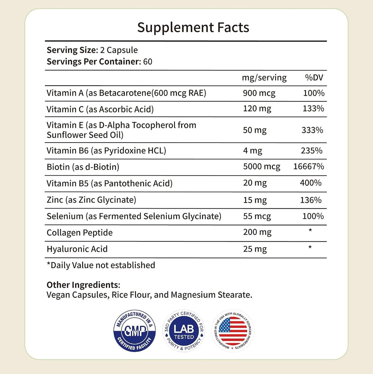 Collagen Peptides & Hyaluronic Acid Supplement with Vitamins A, C, E, B6, Biotin, Zinc & Selenium - Skin Hydration, Hair Growth & Nail Strength Complex for Women & Men