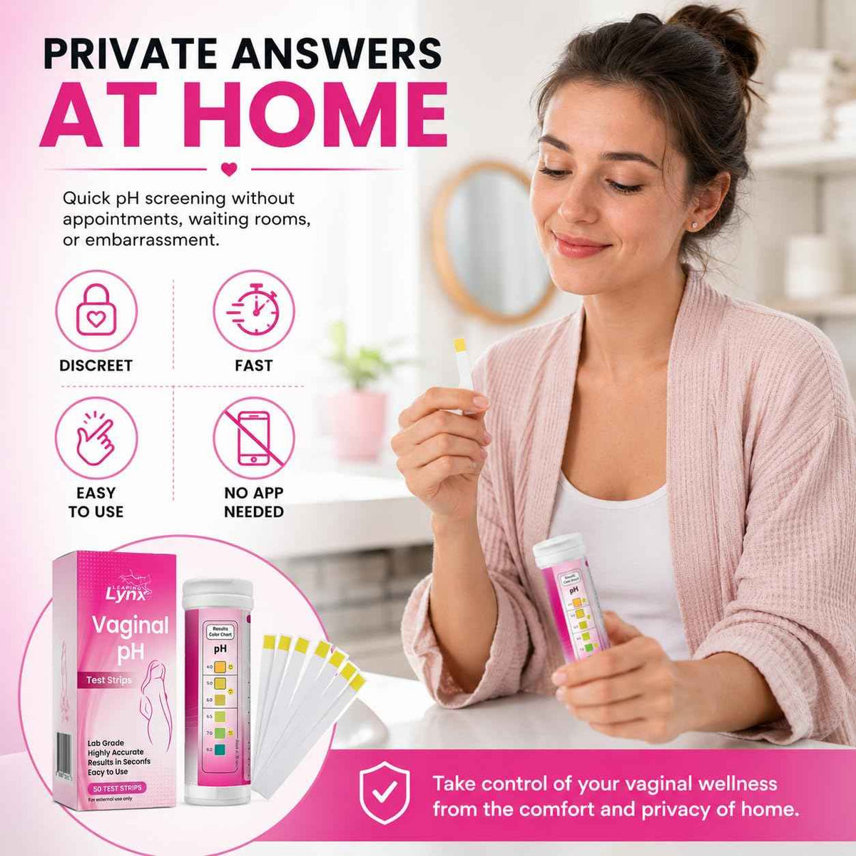 Vaginal pH Test Strips for Women - 50 Count - BV, Yeast & UTI Risk Screening - pH Range 4.0-8.0 - Easy Home Feminine Care Balance Check