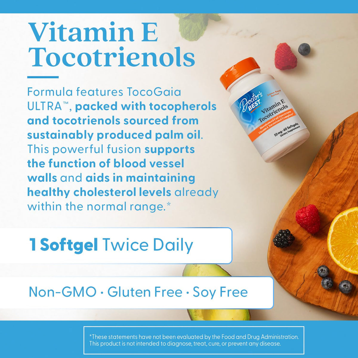 Doctor's Best Vitamin E Tocotrienols contains TocoGaia ULTRA bioenhanced full spectrum vitamin E complex, 60 Count