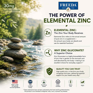FREEDA Elemental Zinc 30mg - Vegan Immune, Skin & Eye Support - 100 Tabs - Tiny Easy-to-Swallow Tablets Made with Zinc Gluconate - Gluten-Free, Kosher, and Made in USA GMP-Compliant Facilities
