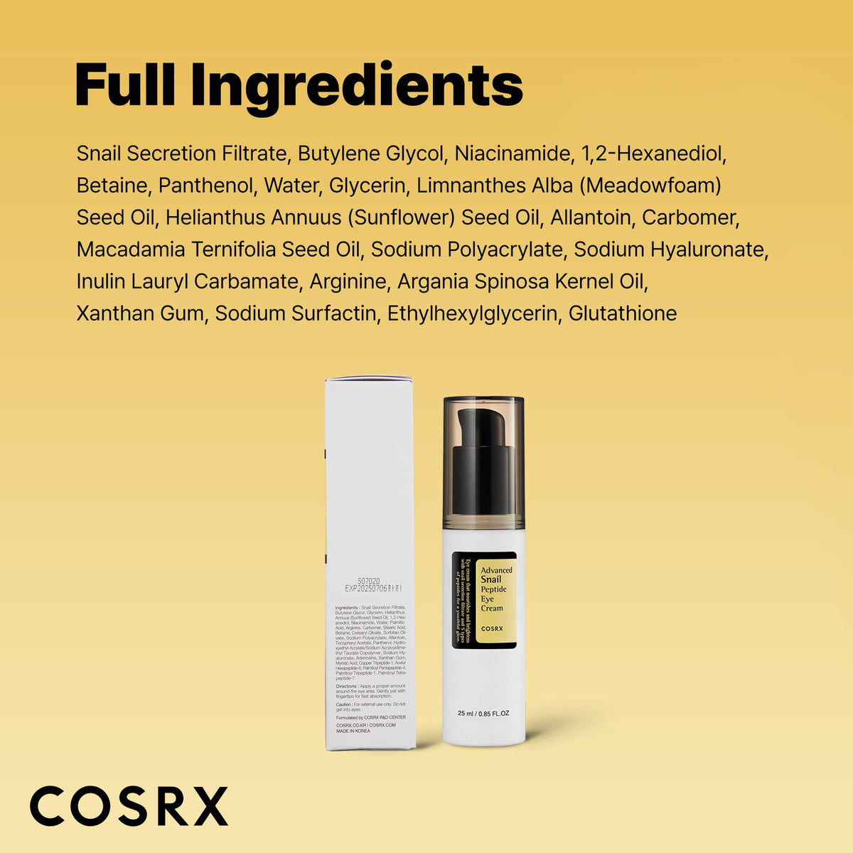 COSRX Advanced Snail Peptide Eye Cream (25ml / 0.84 fl.oz) – 73.7% Snail Mucin & Niacinamide for Dark Circles, Puffiness & Anti-Aging