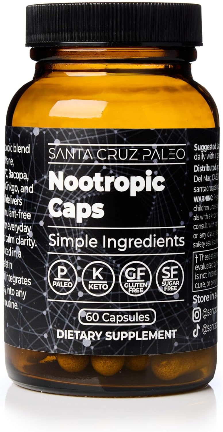 Santa Cruz Paleo Nootropic Capsules - Lions Mane, Alpha GPC, Panax Ginseng & Ginkgo Biloba for Focus, Memory, Mental Clarity & Energy - Keto, Paleo, Gluten Free Brain Supplement, 60 Caps