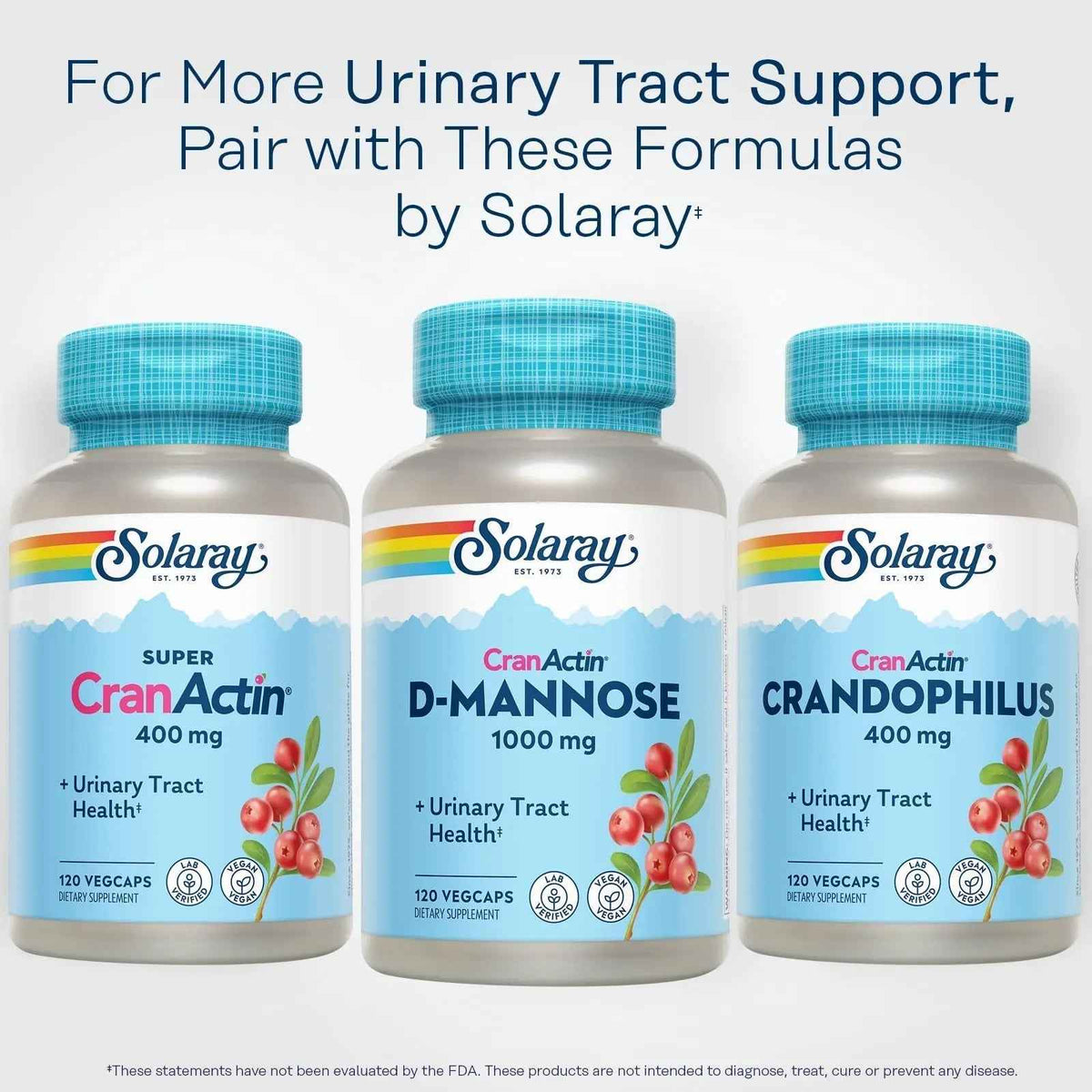 SOLARAY D-Mannose 1000mg with CranActin Cranberry Supplement 400mg, Urinary Tract Health & Bladder Support Capsules with Vitamin C, Vegan, 60 Day Guarantee, 60 Servings, 120 VegCaps (120 CT)