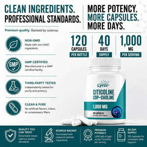 Leaping Lynx Citicoline 1000 mg (CDP Choline) Capsules - 120 Count - CDP Choline Supplement for Brain, Focus & Memory Support - Nootropic Choline Supplement - Non-GMO, ISO-Certified