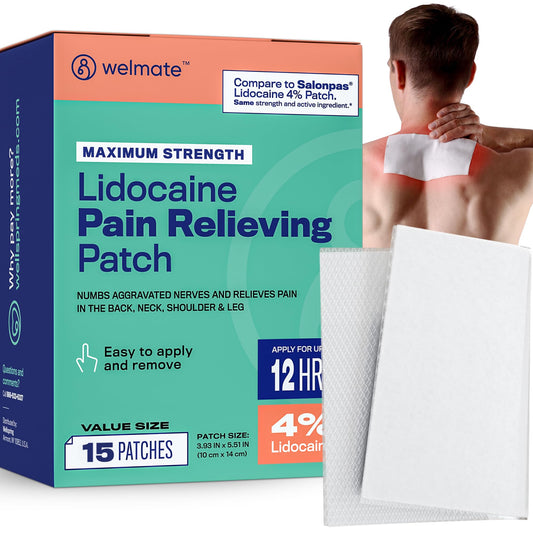 WELMATE 4% Lidocaine Pain Relief Patches Maximum Strength, 15 Count - Fast Acting 12 Hour Relief for Back, Neck, Shoulder, Knee - Numbing Patch for Adults, Odor Free, Flexible Adhesive, 3.9" x 5.5"