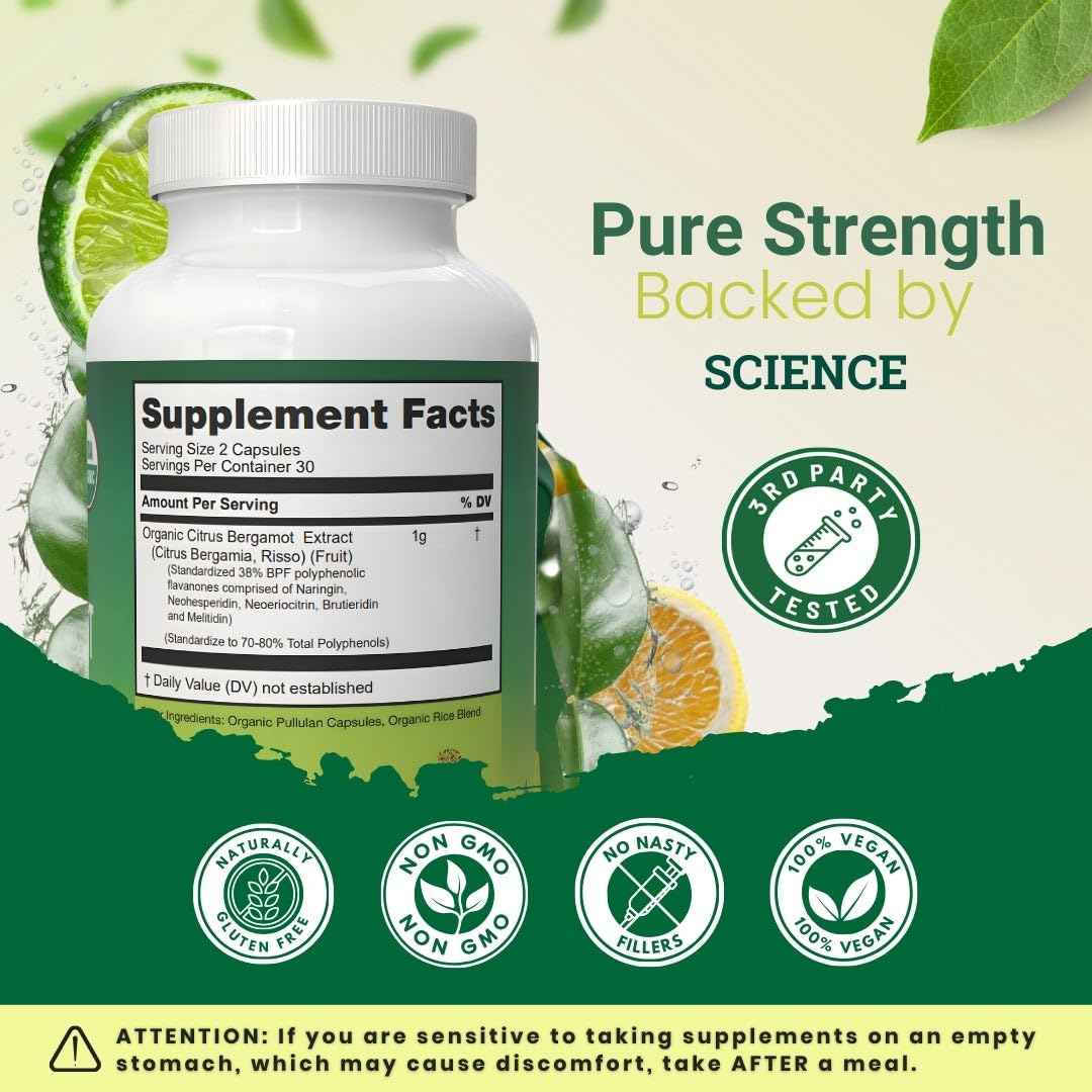 Organic Citrus Bergamot Supplement - Only USDA, Cardiologist Formulated with 200+ Scientific Studies -1000mg - Patented Extract, Heart, Cholesterol