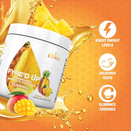Sweat Ethic FYRE’D UP Energizing Appetite Suppressant, 200MG Natural Caffeine, Supports Active Lifestyle & Craving Control, Easy-Mix Powder for Pre Workout Energy, Mango Pineapple Flavor, 30 Servings
