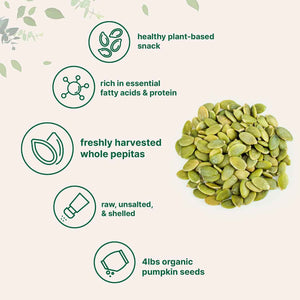 Organic Pumpkin Seeds, 4lbs - Raw, Unsalted, & Shelled - Whole Pepitas - Pumpkin Seeds to Eat - Great for Baking, Smoothies, & Salad Toppings - Natural Source of Essential Fatty Acids, Protein, & Iron