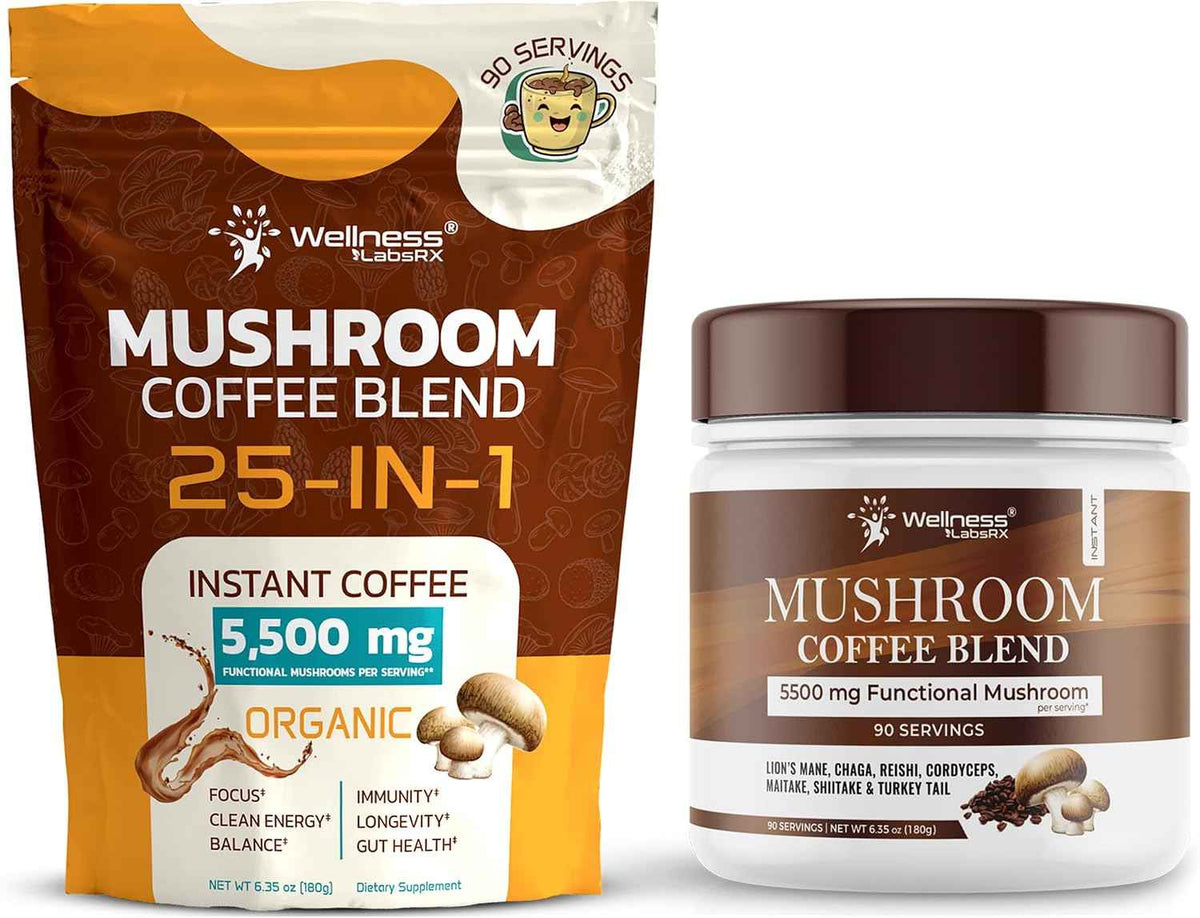 WELLNESS LABSRX Mushroom Coffee 25-in-1 with Instant Mushroom Coffee Blend 5500mg - Bundle