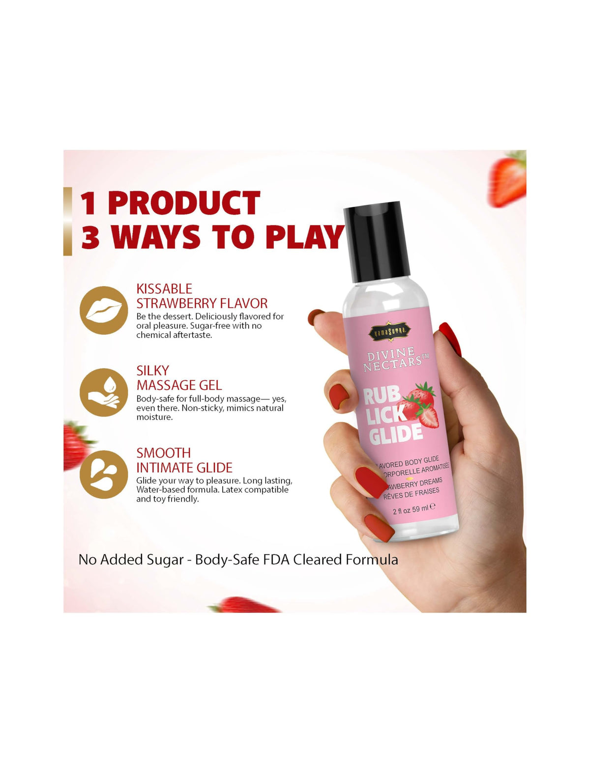 Kama Sutra Divine Nectars Strawberry Dreams 2 fl oz - Flavored 3-in-1: Use Oral, Massage, Water Based for Couples, Women, and Men. Body Topping Manufactured in USA. Ideal for Foreplay.