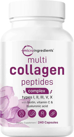 Micro Ingredients 8-in-1 Multi Collagen Capsules & L-Theanine 200mg with Magnesium Glycinate Softgels - Grass-Fed Collagen Peptides - Amino Acid & Mineral Complex Bundle 2 Pack