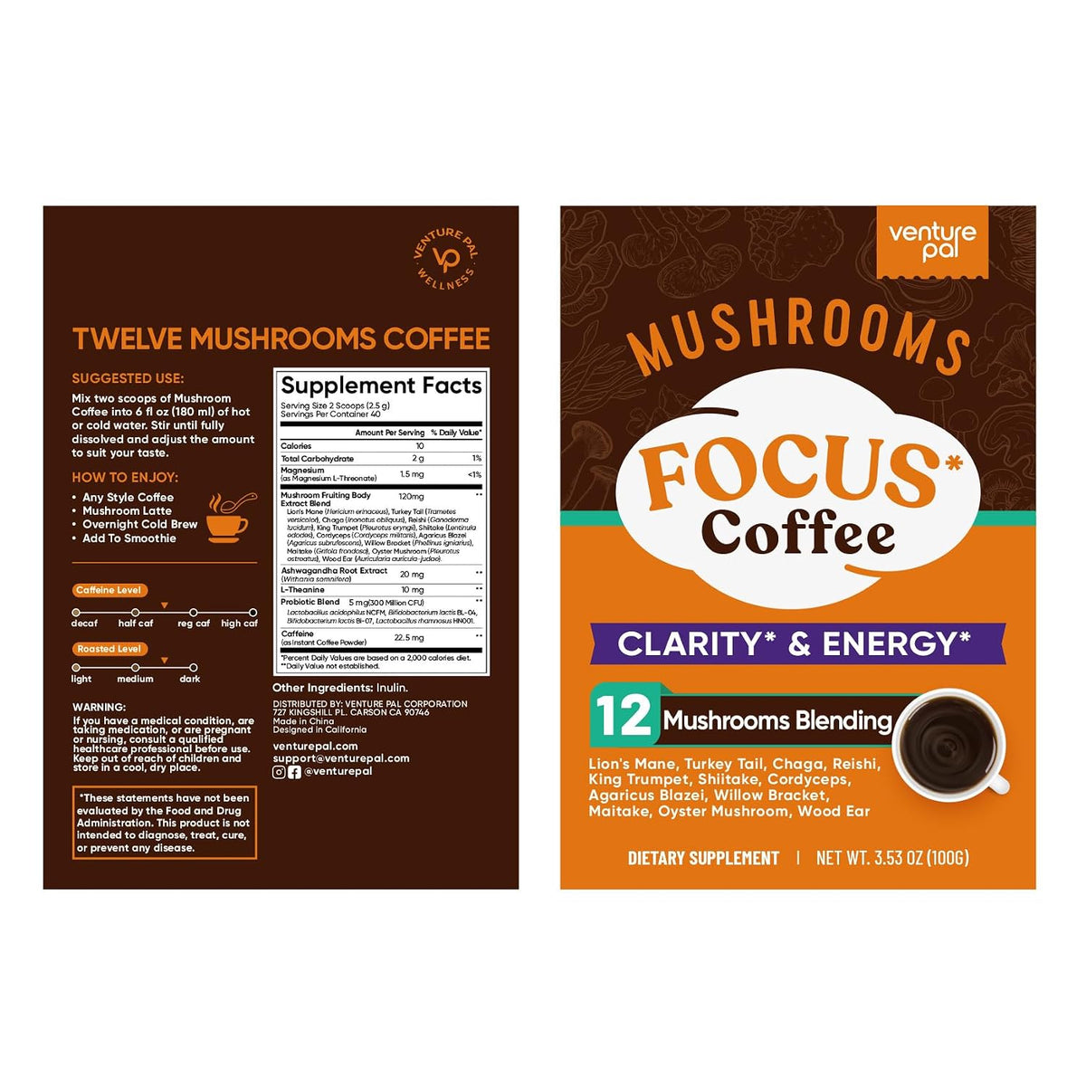 Venture Pal Mushroom Coffee, 12 Mushrooms, Focus & Digestion, 40 Servings - 12 Adaptogenic Mushrooms with Lion's Mane, Cordyceps, Reishi, Turkey Tail, Ashwagandha & Probiotics, Low Caffeine & Calories