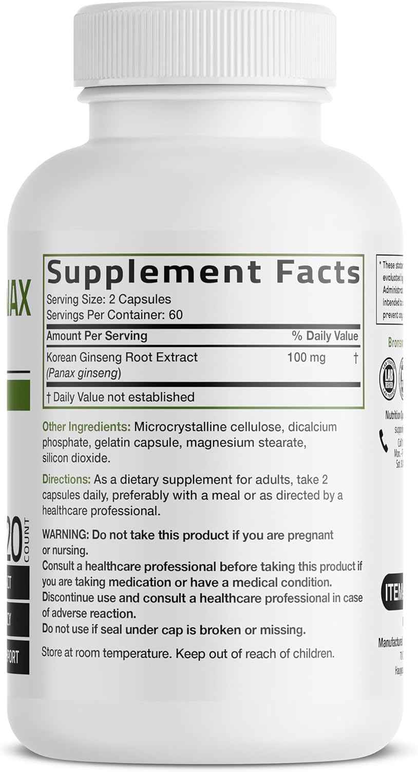 Bronson Korean Panax Ginseng Supports Energy, Endurance & Vitality + Memory and Mental Performance, 120 Capsules