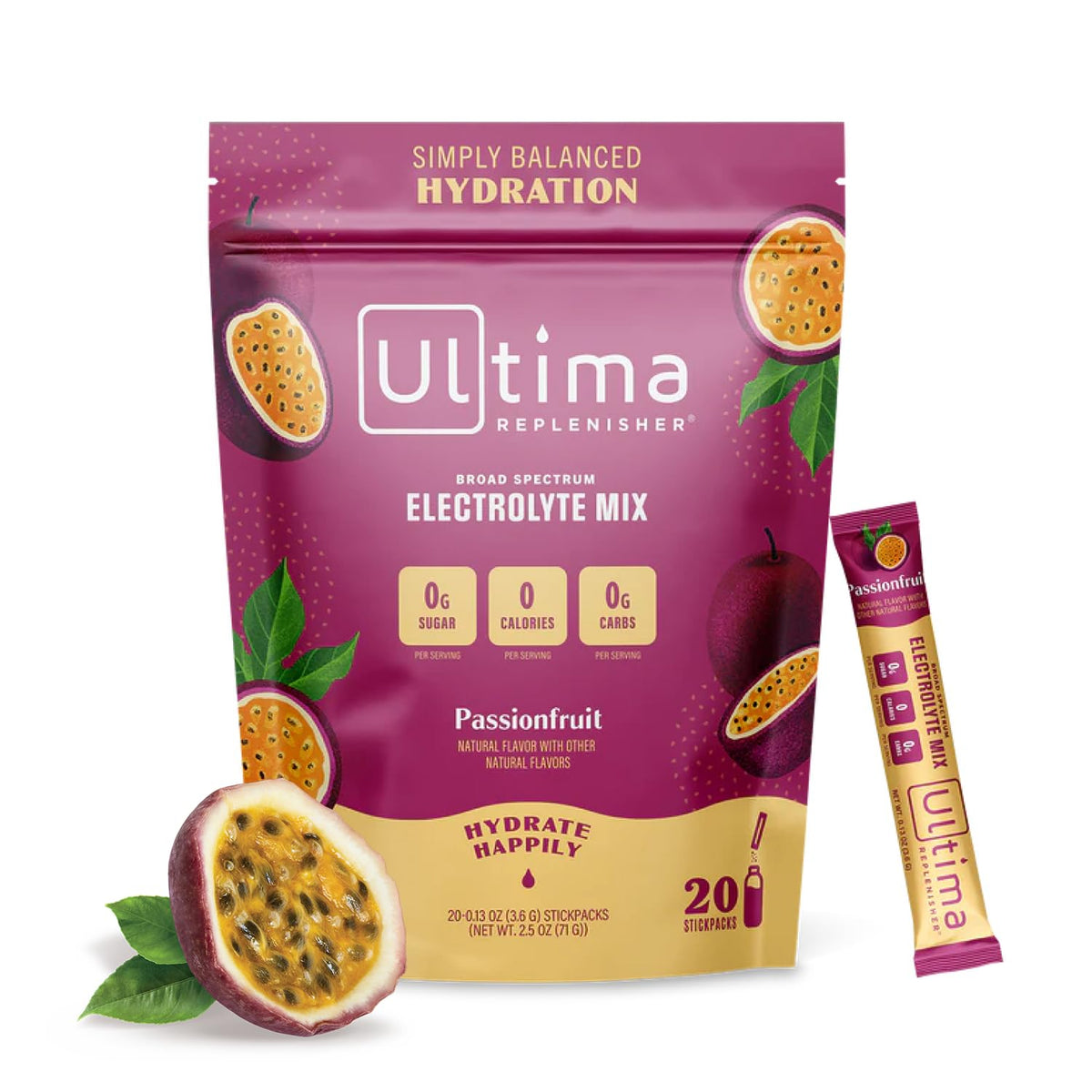 Ultima Replenisher Daily Electrolyte Drink Mix – Passionfruit, 20 Stickpacks – Hydration 