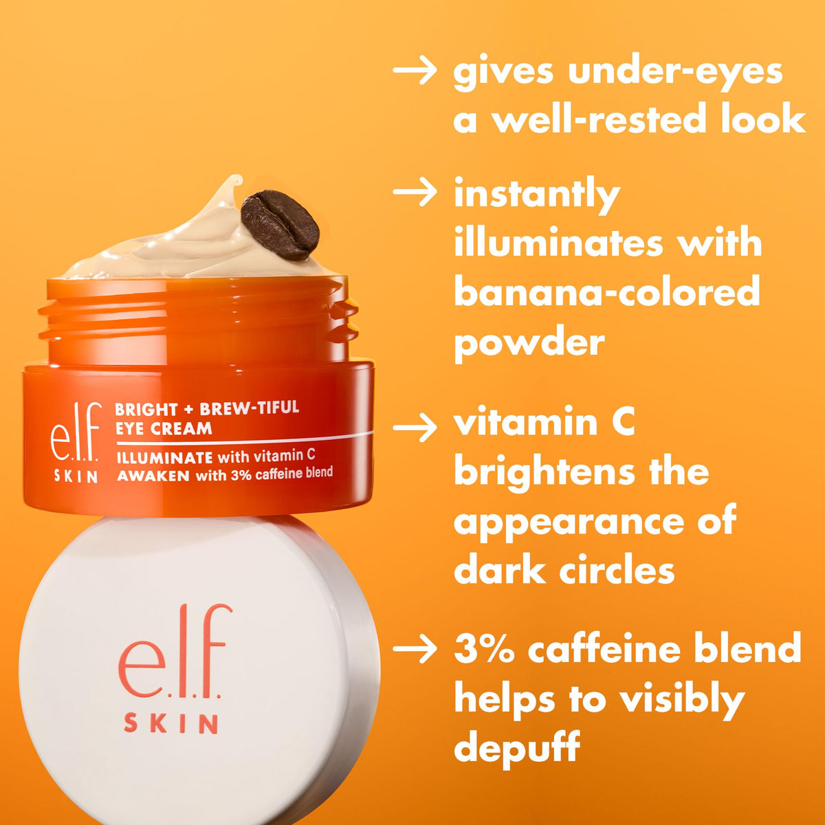 e.l.f. SKIN Bright + Brew-tiful Eye Cream Mini - Travel Size Caffeine Eye Treatment for Dark Circles & Puffiness (Vegan & Cruelty-Free)
