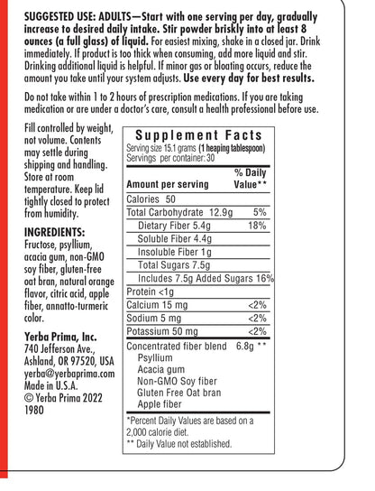Yerba Prima Daily Fiber Formula 16 oz (Pack of 2) - Premium Dietary Fiber Supplement, Non-GMO, Gluten Free, Made in The USA, Orange Flavor