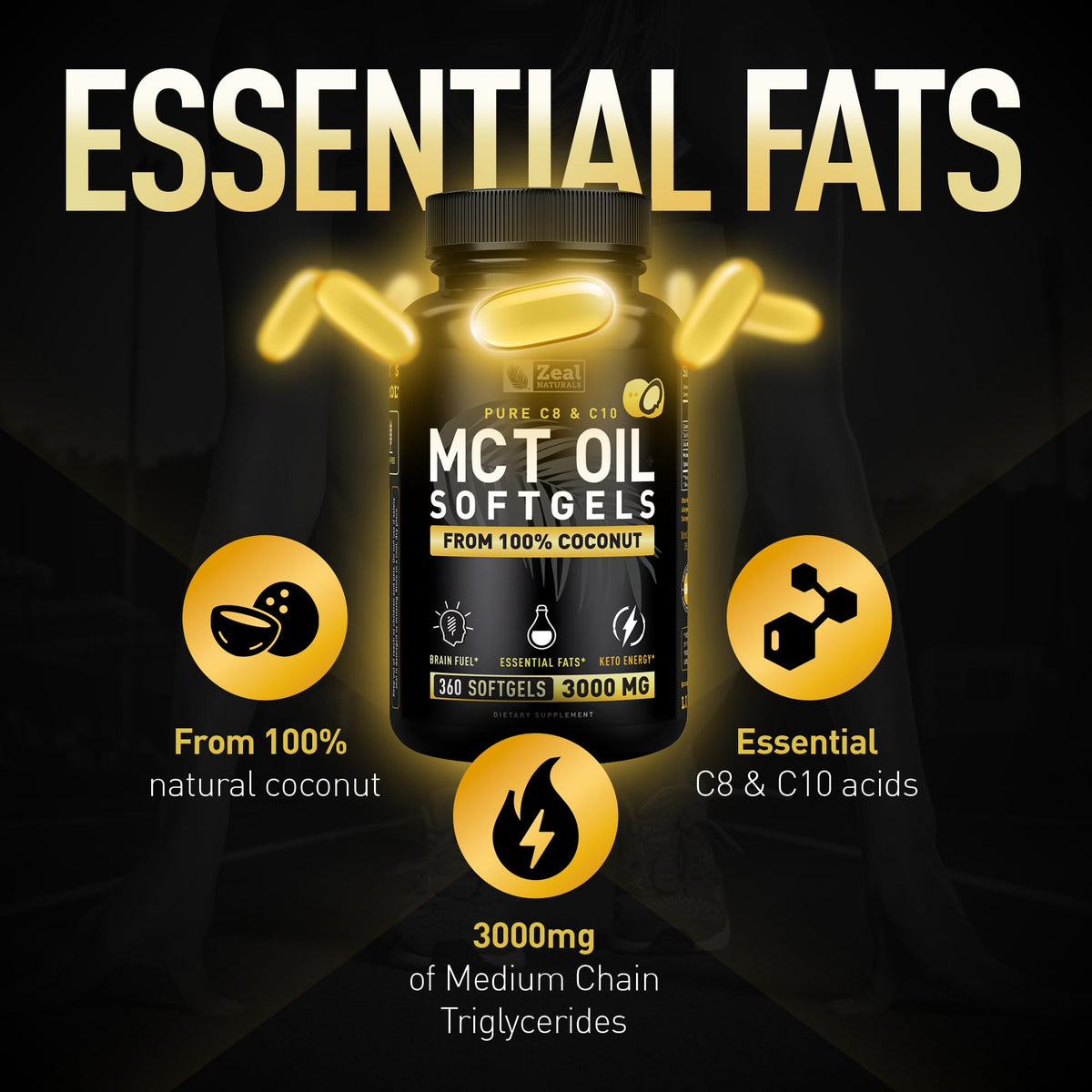 Pure MCT Oil Capsules (360 Softgels | 3000mg) 4 Month Supply Keto Pills w Unrefined Coconut - C10 & C8 Brain Fuel, Energy, Octane Ketosis