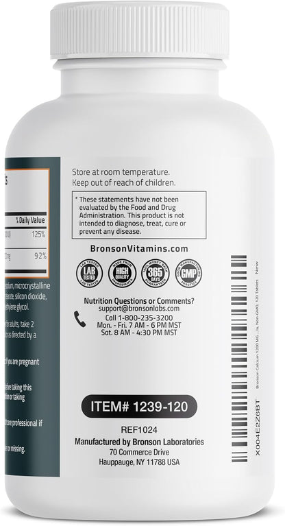 Bronson Calcium 1200 mg + Vitamin D3 1000 IU for Bone Health, 120 Tablets - High Potency Formula, Non-GMO, Gluten-Free & Soy-Free