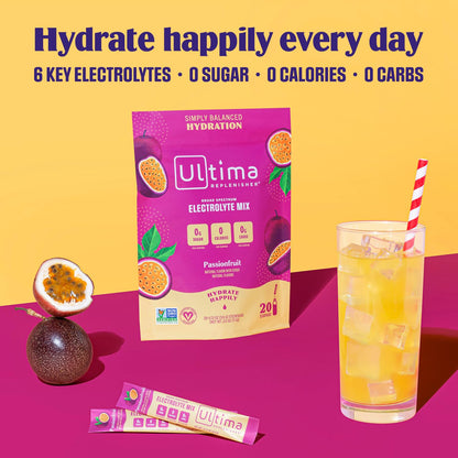 Ultima Replenisher Daily Electrolyte Drink Mix – Passionfruit, 20 Stickpacks – Hydration