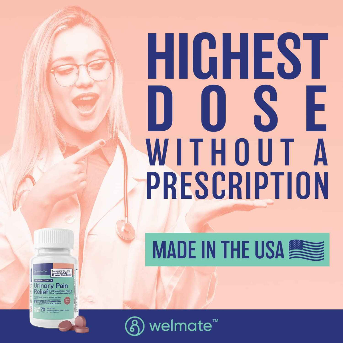WELMATE Urinary Pain UTI Relief Maximum Strength (Phenazopyridine HCL) - Improve Urinary Tract Health & Bladder Control, Urgency, & Discomfort - Over-The-Counter Medication for Men & Women (72 Pills)