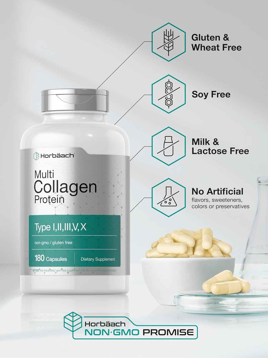 Horbäach Multi Collagen Protein 2000 mg - 180 Capsules - Type I, II, III, V, X - Keto & Paleo Friendly - Non-GMO, Gluten Free Supplement