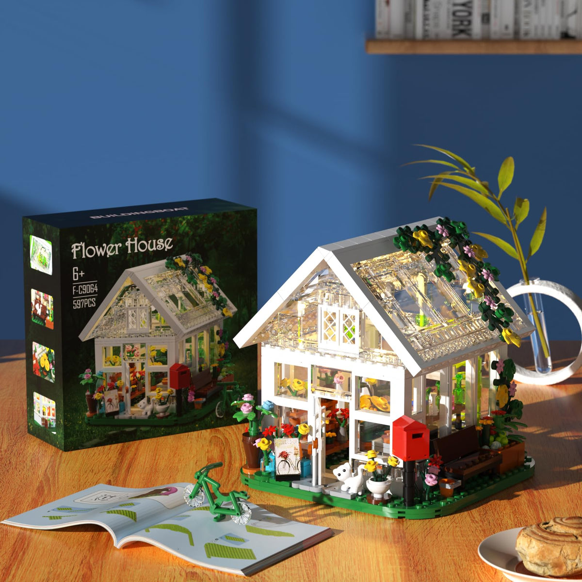 Flower House Building Set, Creative Garden Playset with LED Light, Build a Greenhouse Model Toy, Great Gift for Mothers Day, Friends or Girls, for Birthday, Valentine and Festivals (597 Pieces)