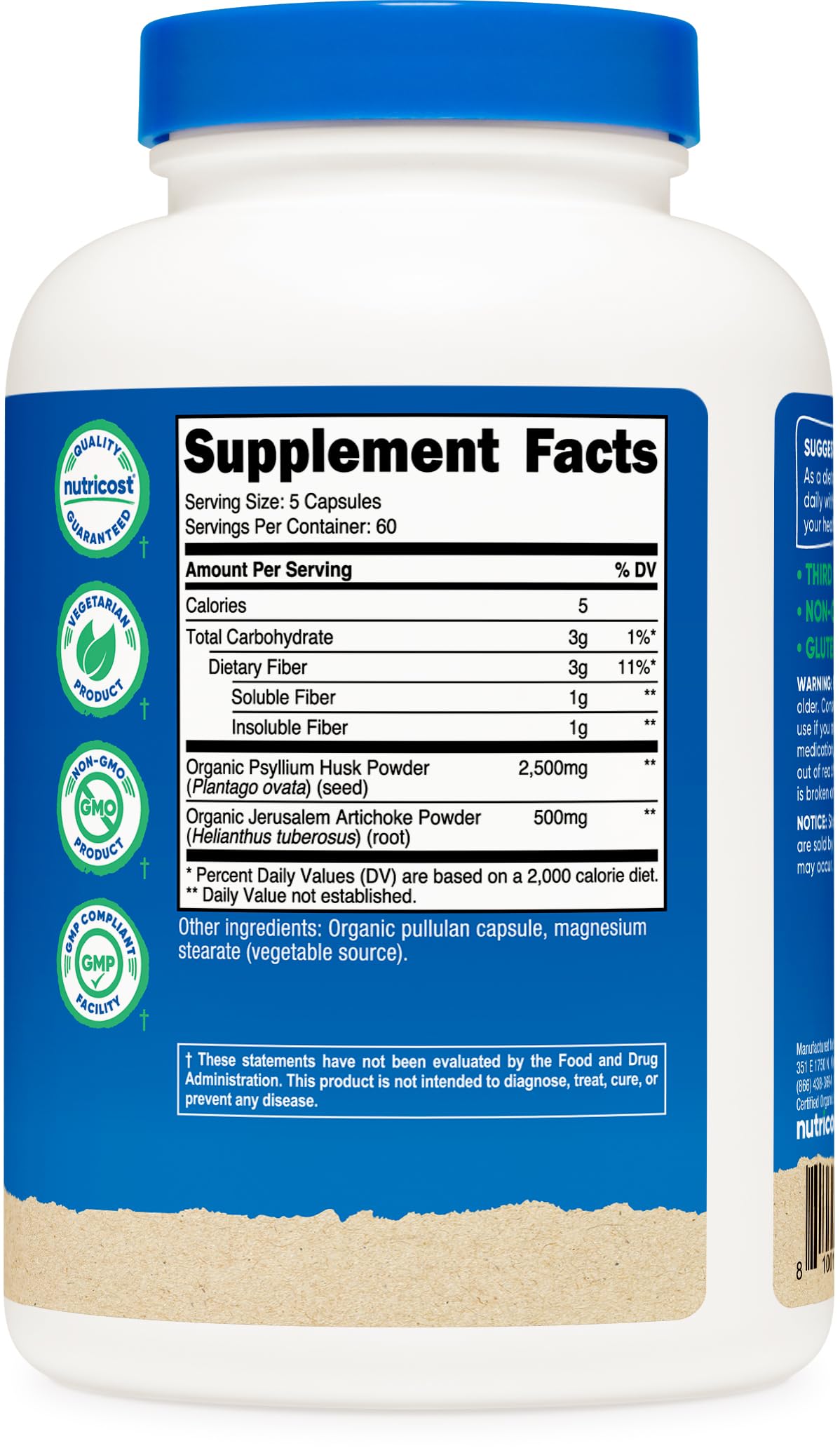 Nutricost Fiber Capsules with Prebiotic Fiber Supplement 300 Capsules - Made with Organic Psyllium Husk & Organic Jerusalem Artichoke, 60 Servings, Gluten Free, 3 G Per Serving