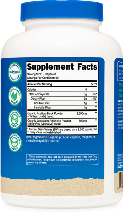 Nutricost Fiber Capsules with Prebiotic Fiber Supplement 300 Capsules - Made with Organic Psyllium Husk & Organic Jerusalem Artichoke, 60 Servings, Gluten Free, 3 G Per Serving