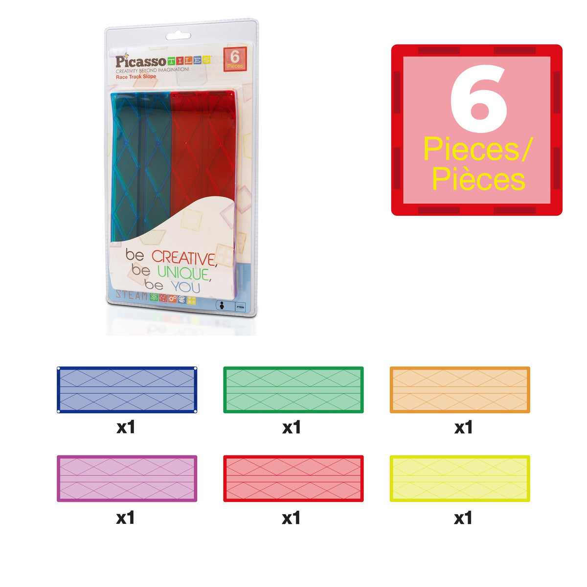 PicassoTiles 6 Piece Magnetic Tiles Race Track Ramp Accessories STEM Building Blocks Toys Magnet Tile Educational Construction Playset Boys Girls Brain Development and Creative Pretend Play Toy PTR06