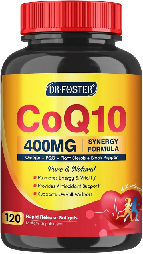 DRFOSTER CoQ10 400mg Softgels, PQQ, MCT & Omega 3-6-9, 120 Days Supply - With Vitamin E & Plant Sterols, Black Pepper, High Absorption, Gluten-Free, Allergen-Free, Brain & Energy, Co Q 10 Supplement