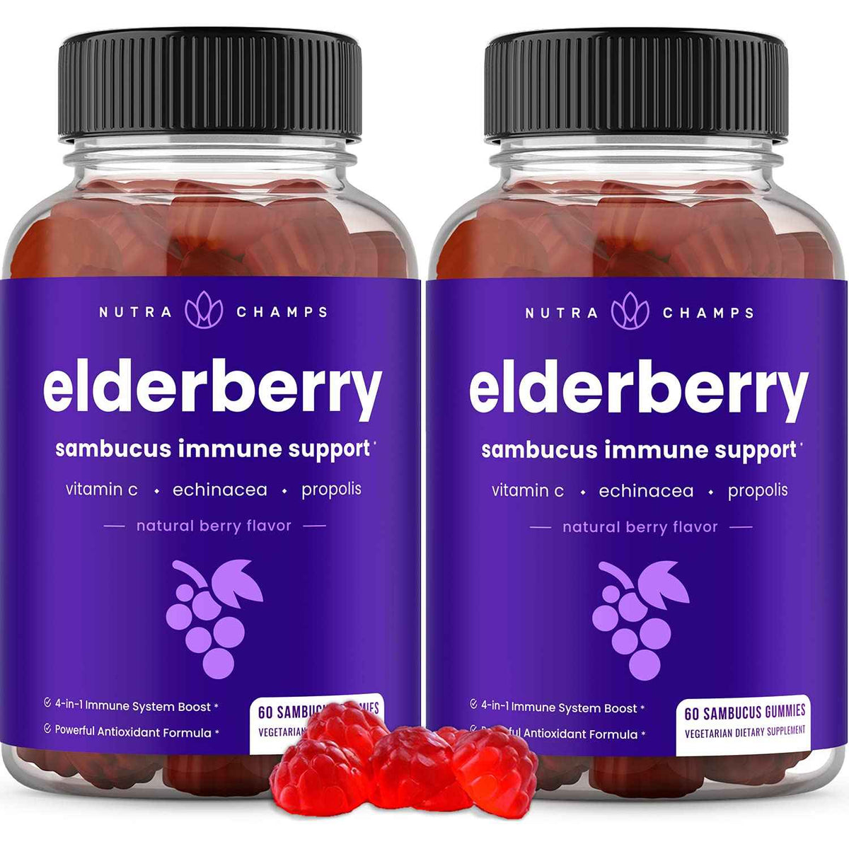 NutraChamps Elderberry Gummies with Vitamin C, Propolis & Echinacea - Immune System Support Gummy Vitamins for Adults & Kids - Max Strength 200mg Sambucus Antioxidant