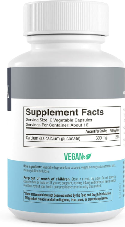 FREEDA Calcium Gluconate Supplement for Bone & Joint Support - 100 Capsules - Supports Teeth & Muscle Health - Pure Calcium w/o Vitamin D - Gentle on Stomach, Easy-to-Digest, Kosher, Vegan, Made in USA