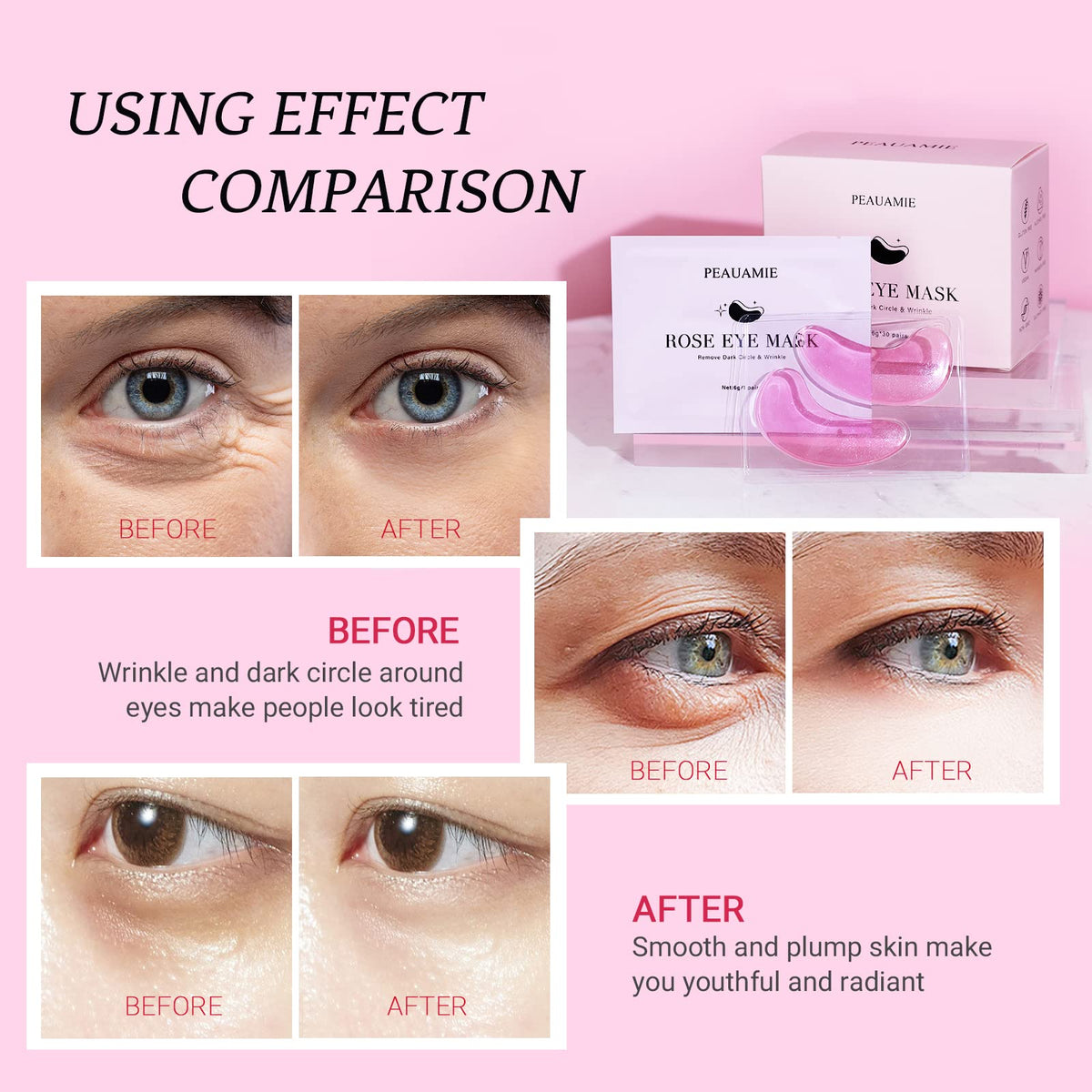 PEAUAMIE Rose Under Eye Patches (30 Pairs) – Soothing Rose Extract Eye Mask for Dark Circles, Puffiness & Fine Lines | Hydrating Skincare