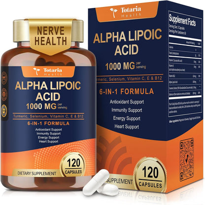 Totaria Alpha Lipoic Acid 1000mg - ALA Supplement Antioxidant for Neuropathy Support Nerve Health, Liver Detox, Antioxidant, Metabolism and Cell Energy, Anti-Aging - Non-GMO, Gluten Free, Vegan Safe