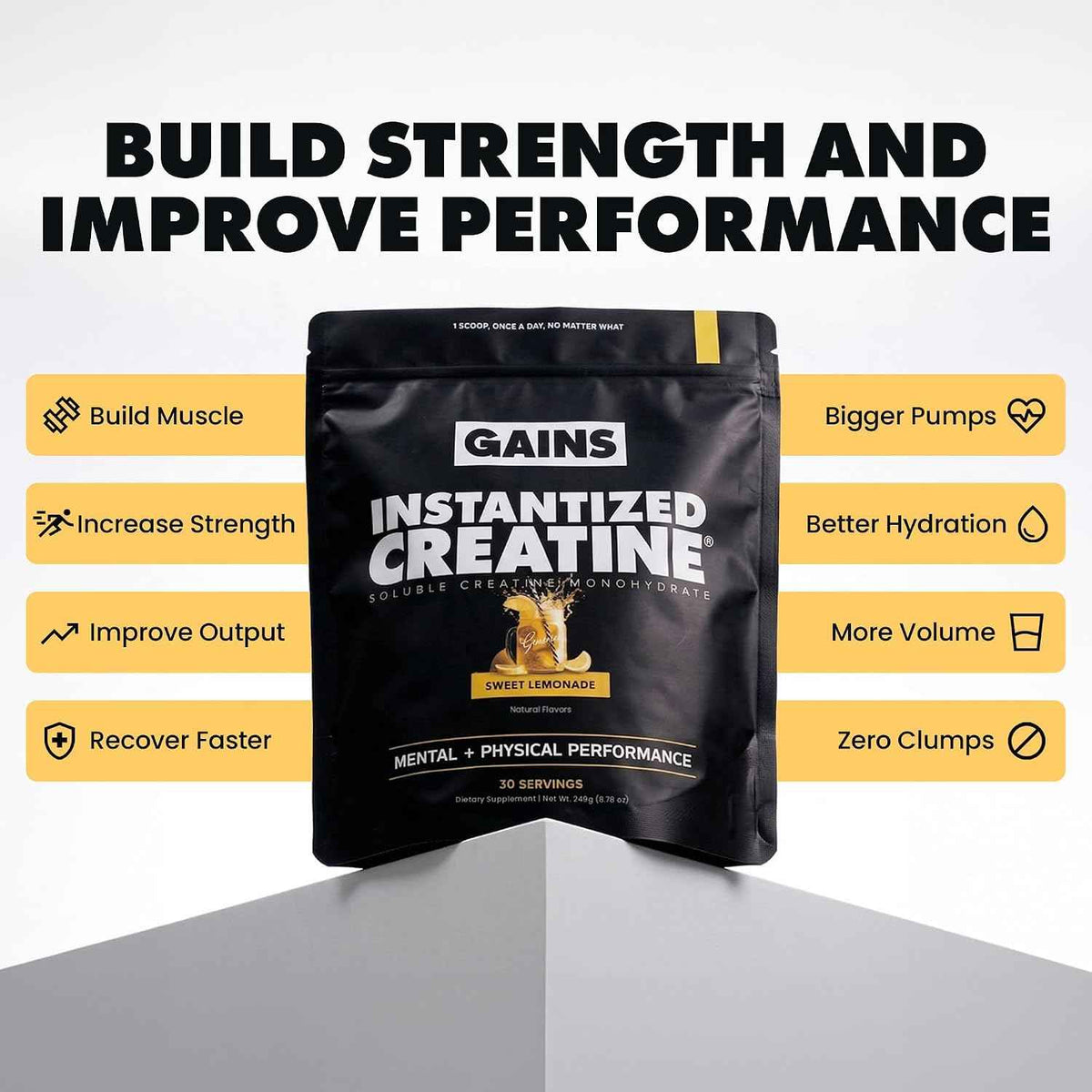 Gains in Bulk Instantized Creatine Monohydrate for Women and Men, Soluble Pre Workout Powder, Supports Muscle Building, Strength and Performance, Unflavored and Sweet Lemonade, 60 Servings